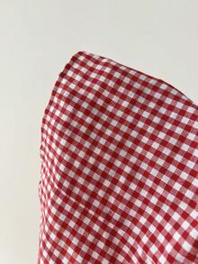 Elamini 红白格子棉质V领纽扣系带短款衬衫，复古简约风格，适合春夏通勤、休闲、约会、教学、上学和日常穿着。 - 紅白色 - 查看 7