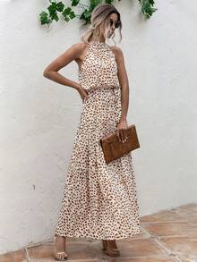 Breezaya Đầm Maxi In Nhiều Lớp Viền Thắt Lưng Halter Trang Phục Đi Biển Cho Nữ - trắng - Xem 5