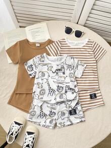 Playful Pals 6pcs/Set Newborn Baby Boy Basic Round Neck Elastic Waist Cute Animal Print & Striped Short Sleeve T-Shirt And Shorts Set, Summer - Khaki - View 6