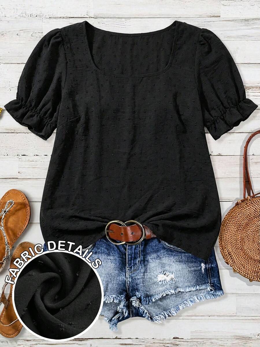 SHEIN VCAY Camisa de crepé de seda informal de talla grande con pompones y estampado floral, perfecta para festivales de música y vacaciones de verano. Cómoda y perfecta para el verano. - Negro - Ver 1