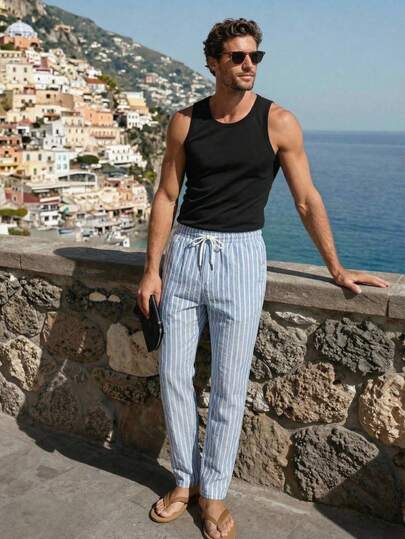 Manfinity VCAY Men's Casual Cashew Print Elastic Waist Pants Men's Solid Color Drawstring Waist Pocket Tapered Casual Pants, Versatile, Men's Breathable Summer Trousers, Casual Loose Fit Elastic Waist Pants, Solid Black Lounge Pants For Men, Lightweight Beach Wedding Attire Men, Comfortable Drawstring Yoga Bottoms, Essential Comfort: Men's Relaxed Fit Drawcord Trousers For Summer Vacation & Daily Lounging For Husband Boyfriend Gift Simple Fashion Commuting