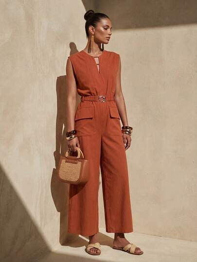 Zivah 2026 Spring/Summer New Bohemian Party, Wedding, Date, Casual, Vacation, Commute, Business V-Neck Sleeveless Jumpsuit With Belt, Real Pockets, Waist Cinched Wide Leg Pants