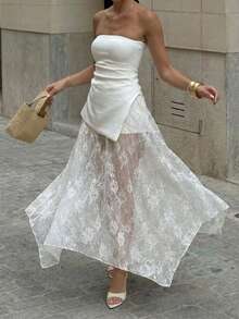 Firerie Chân váy nữ thanh lịch với eo chun, ren hoa, vạt bất đối xứng. - trắng - Xem 5