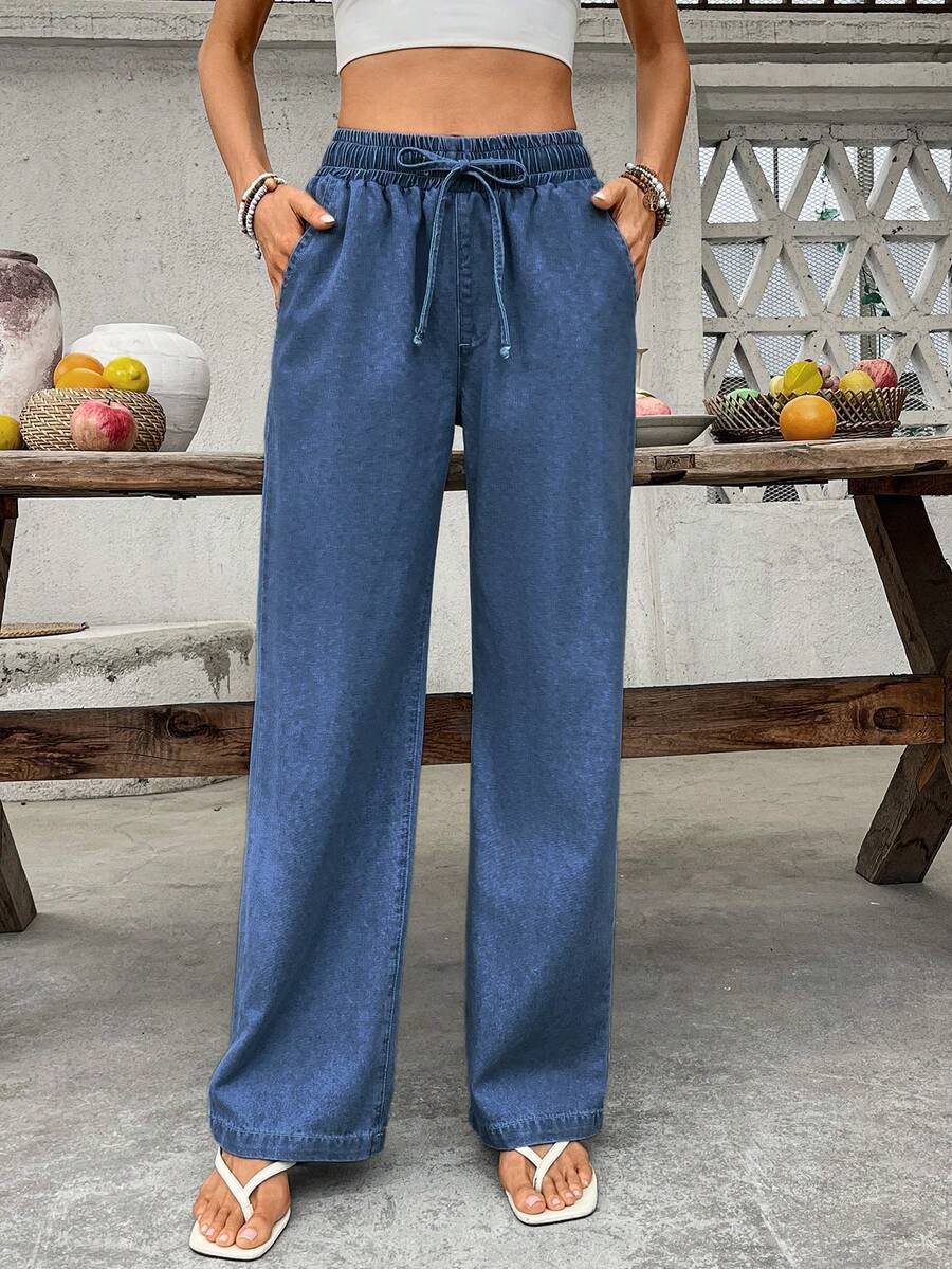 SHEIN Holidaya 女士休闲度假通勤百搭抽绳腰直筒牛仔裤，带侧袋 - 霧霾藍 - 查看 1