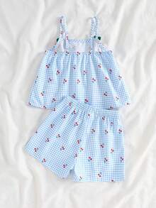 SHEIN Vintaside Kids Adorable Young Girls Fitted Blue Checkered Cherry Embroidered Camisole Top And Shorts Outfit - Blue - View 2