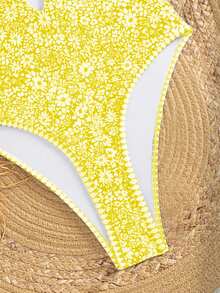 Traje de baño de una pieza sexy con espalda hueca, tirantes finos y estampado de patrones azul y blanco para mujeres, verano y vacaciones en la playa 2026 - Amarillo 2 - Ver 3