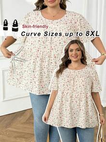 SHEIN CURVE+ 大码女式碎花圆领短袖休闲衬衫，夏季女装，度假女装，波西米亚风假日装，秋季女装，秋季服装，教师装 - 白色 - 查看 7