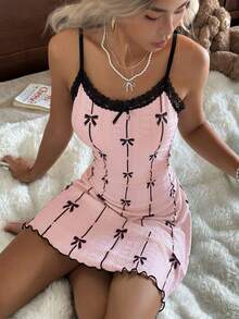 CottageSlumber Black Bow Tie Print Contrast Lace Trim Jacquard Camisole Nightgown - Pink - View 4