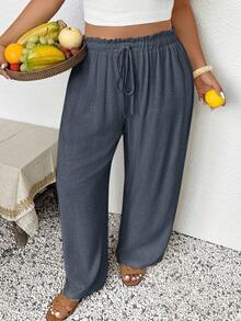 SHEIN Frenchy 大码女式纯色抽绳腰休闲百搭阔腿裤，适合日常穿着 - 灰色 - 查看 1