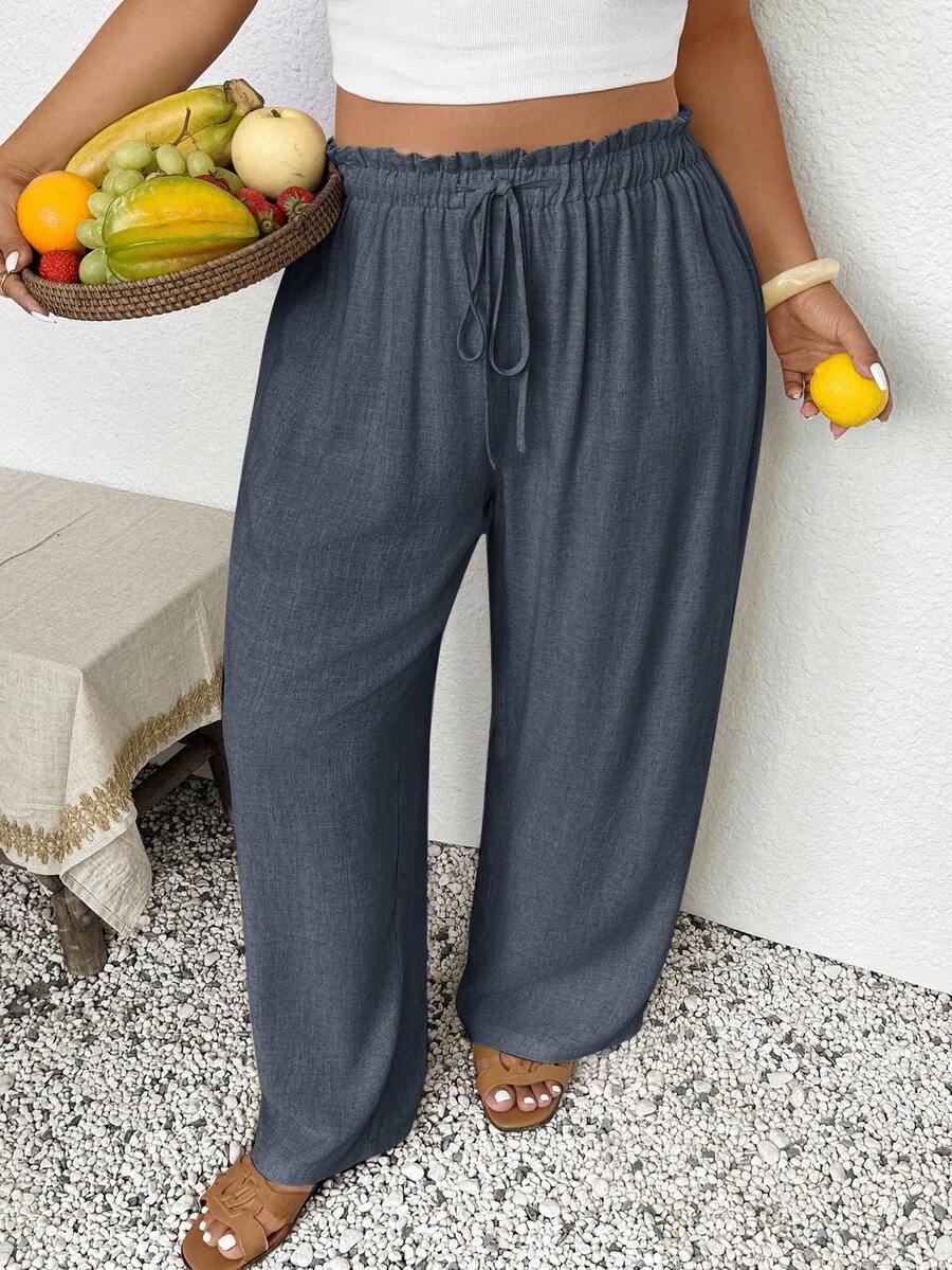 SHEIN Frenchy 大码女式纯色抽绳腰休闲百搭阔腿裤，适合日常穿着 - 灰色 - 查看 1