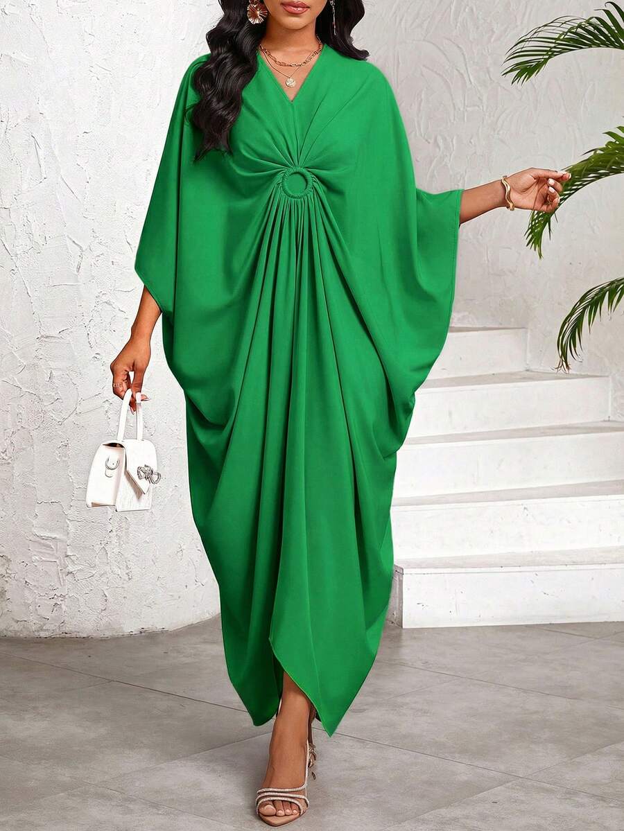 SHEIN Lady Women's Casual Elegant Modest Loose Batwing Sleeve Dress, Green, Suitable For Holiday Vacation Wear, Bohemian Style/Bohemian Clothing Party Autumn - Green - View 1