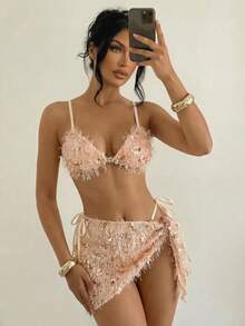 Swim SXY Sequin Women's Bikini Swimwear, Sexy Swimwear With Detachable Skirt For Beach Vacation, Spring/Summer - Apricot - View 3