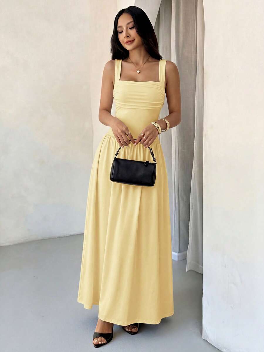 SHEIN PETITE 女士优雅纯色棕色咖啡色方领喇叭连衣裙，春夏款