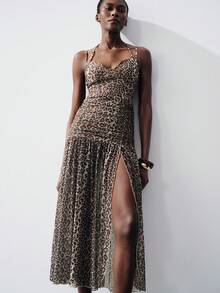 Aveloria Modichic New Fashionable Mesh Printed Leopard Print Slip Dress With Extra-Large Hem - Coffee - View 5