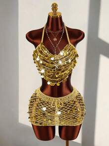 Amplova 女士露背吊带亮片流苏短款上衣和亮片刺绣金色迷你裙套装 - 金色 - 查看 8