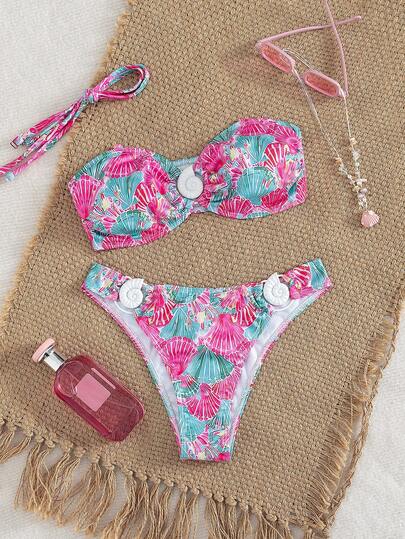 Swim Mod 夏季度假性感时尚海洋元素贝壳装饰无肩带两件式比基尼套装