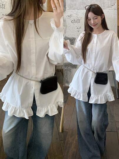 FRIFUL 女士纯色圆领荷叶边袖口单排扣宽松休闲衬衫