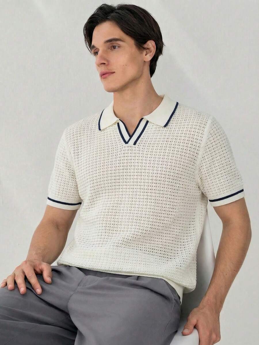 RONVEXI Men's Casual Patchwork Knit Pullover, Versatile For Daily Wear - Apricot - View 1