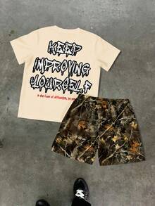 SHEIN 2pcs/Set Boys' Casual Letter Print T-Shirt And Camo Cargo Pants Set - Multicolor - View 3