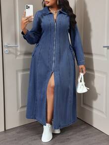 Slaydiva Plus Size Casual Commuter Front Zipper Split Denim Dress - Dark Wash - View 7