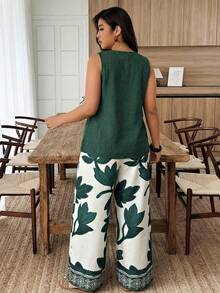 Weeklong Conjunto informal de 2 piezas con estampado floral y decoración de botones para mujer talla grande, primavera/verano - Multicolor - Ver 2