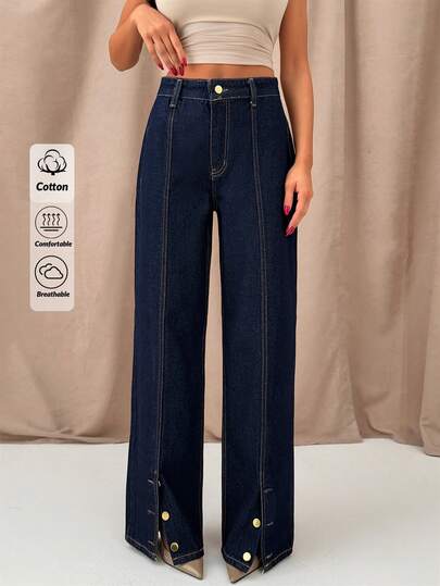 SHEIN High Waist Straight Leg Denim Jeans With Gold Button Hem