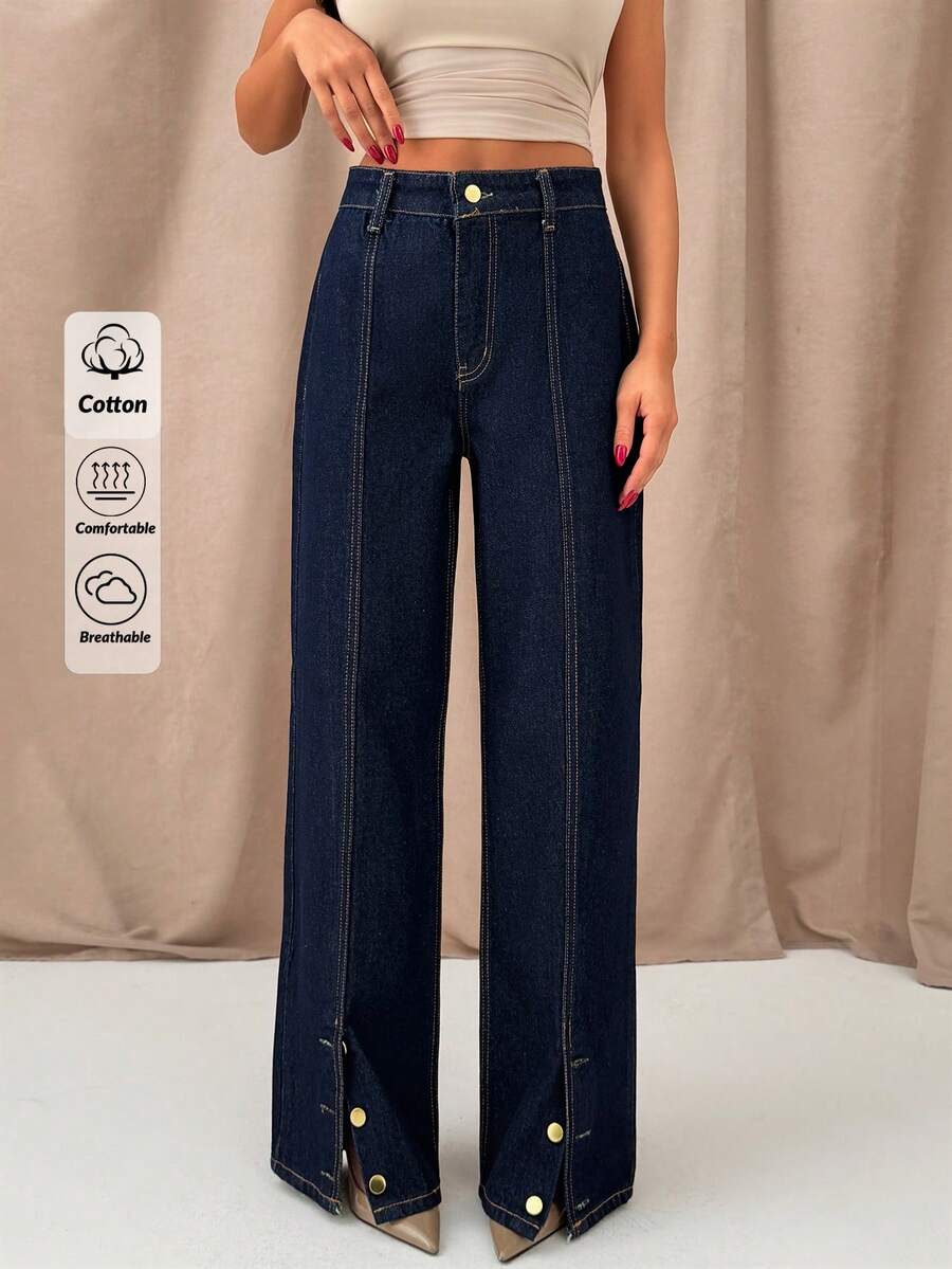 SHEIN High Waist Straight Leg Denim Jeans With Gold Button Hem - Dark Wash - View 1