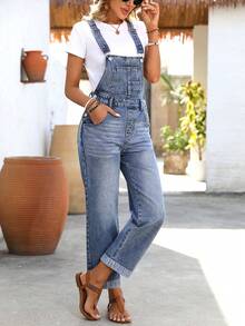 SHEIN Tall 高个女式休闲时尚街头风日常通勤水洗牛仔连体裤 - 深色水洗藍 - 查看 4