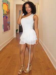 Steph T 女士多层荷叶边低腰 Y2K 迷你黑色半身裙 - 白色 - 查看 5