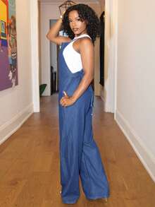 Steph T Mono vaquero de pierna ancha lavado casual para mujer - Azul lavado oscuro - Ver 3