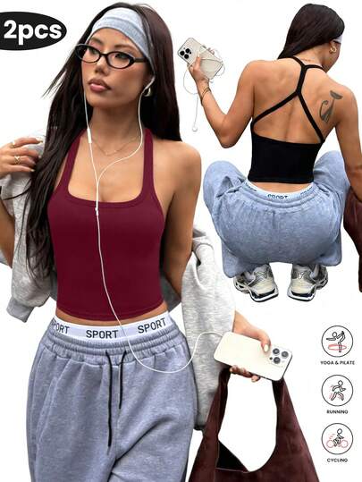 Velisys 2件套女士无缝瑜伽运动文胸无钢圈健身露脐运动背心