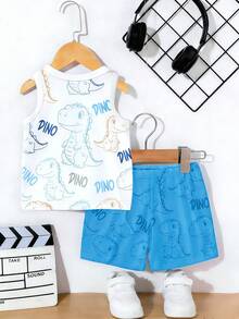 2pcs/Set Baby Boy Casual Cartoon Dinosaur Print Tank Top And Blue Shorts Set, Summer Outfits - Multicolor - View 2
