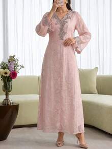 Al Najma Váy hoa xòe tay dài màu hồng thêu cổ chữ V thanh lịch dành cho nữ - Hồng - Xem 6