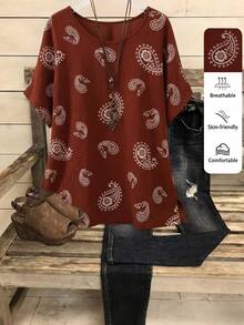 Linhara Camisa de manga corta con cuello redondo, corte holgado y estampado de anacardo, talla grande - Naranja - Ver 1