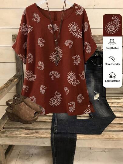 Linhara 大码休闲宽松腰果印花圆领短袖衬衫