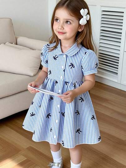 SHEIN Playful Pals Vestido camisero de manga abullonada con estampado de lazo y cuadros, moda casual para niñas, adecuado para salidas de primavera/verano, actividades al aire libre, escuela y uso diario