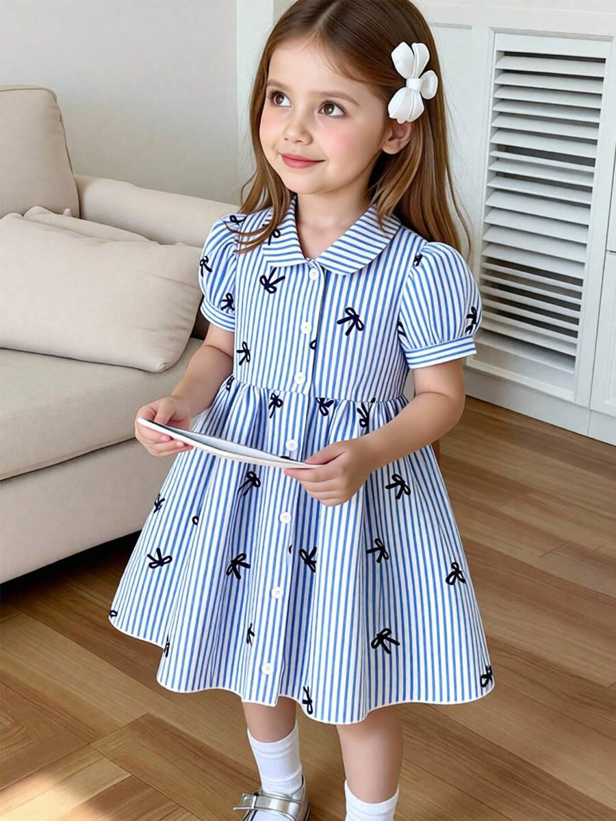 SHEIN Playful Pals 女童休闲时尚格子蝴蝶结印花泡泡袖衬衫裙,适合春夏外出、户外、上学和日常穿着 - 藍色 - 查看 1