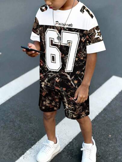 Older Boys' Outdoor Camouflage 67 Print Sports Basketball Street Casual Short Sleeve Round Neck T-Shirt With Pocket And Shorts Set, Spring/Summer