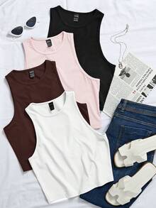 Chiquease 4pcs Solid Tank Top Graphic Tees Women Tops - Multicolor - View 1