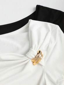 Sweetra Elegant Metal Decor Asymmetric T-Shirt, Summer - Multicolor - View 6
