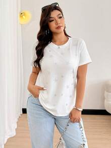 Easura Plus Size Women's Fashion Pentagram Rhinestone Embellished Casual Minimalist Versatile T-Shirt - White - View 4