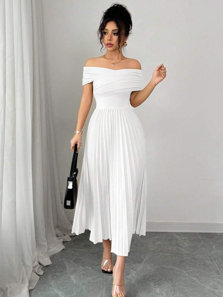 Elenzga Women's Solid Color Off Shoulder Pleated Waist Long Party Dress Birthday Dress For Women Modest Outfits For Women Wedding Guest Outfit For Women Gala Dress Long Summer Dress Luxury Evening Dresses For Women Dinner Dress For Women Wrap Dresses For Women Summer Outfit - White - View 5