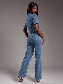 NYA SZN Denim Short Sleeve Jumpsuit Fitted Constrast Stitch Teacher Concert Cotton Summer Outfits For Women - Light Wash - View 2