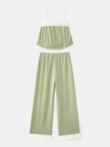 lacRébo Loose Mint Green Pointelle Pajama Set With Embroidered Trim Top And Pants Homewear Set Green Sleepwear Set Cute Pyjama Set - Green - View 5