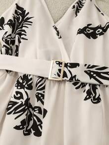 GlowEve Mono de pierna ancha con estampado tropical de plantas elegante y casual para mujer - Blanco y Negro - Ver 3