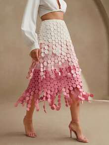 Anewsta 流苏镂空刺绣高腰半身裙，飘逸垂坠镂空半身裙，女士夏季节日装扮 - 粉色 - 查看 1