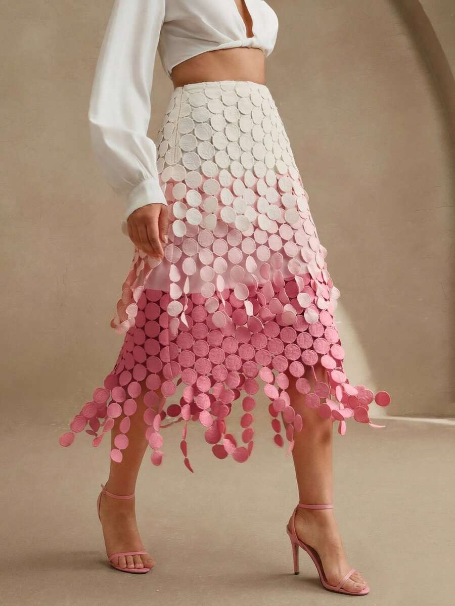 Anewsta 流苏镂空刺绣高腰半身裙，飘逸垂坠镂空半身裙，女士夏季节日装扮 - 粉色 - 查看 1