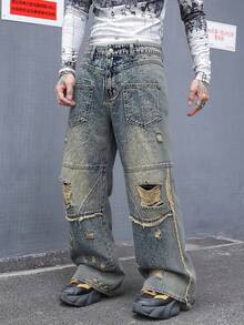 Manfinity EMRG Men's Casual Washed Distressed Denim Jeans - Bronze - View 1