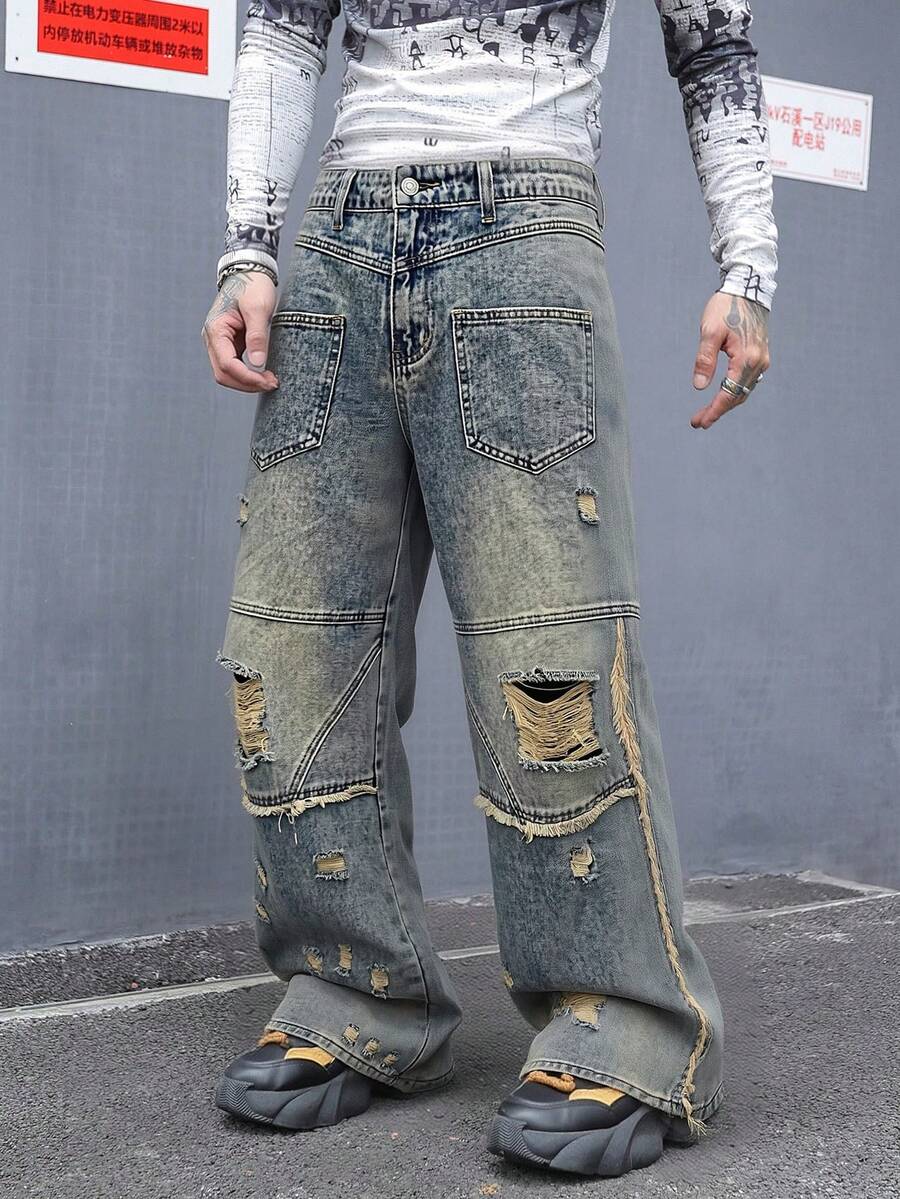 Manfinity EMRG Men's Casual Washed Distressed Denim Jeans - Bronze - View 1