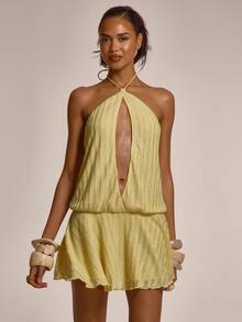 MUSERA Strappy Halterneck Cutout Keyhole Front Flowy Ruffled Shift Hem Dress Cute Summer Spring Sexy Going Out Beach Holiday Vacation Honey Tides - Yellow - View 2